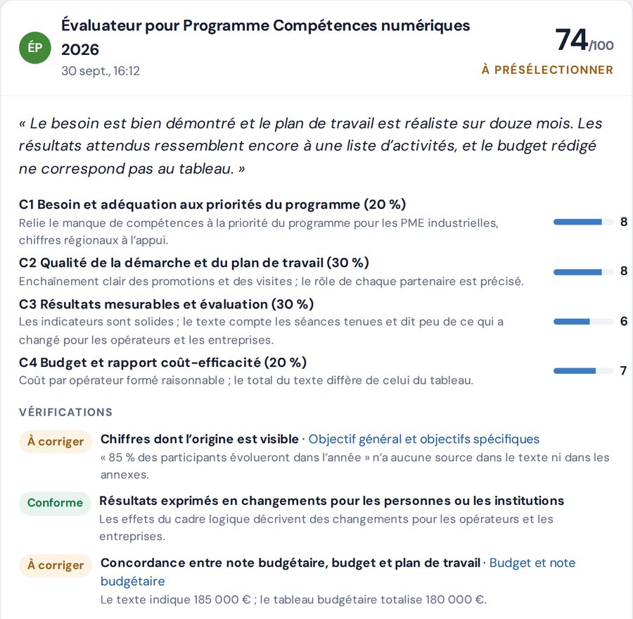 Un évaluateur construit à partir de la grille de notation de l’appel, avec ses vérifications